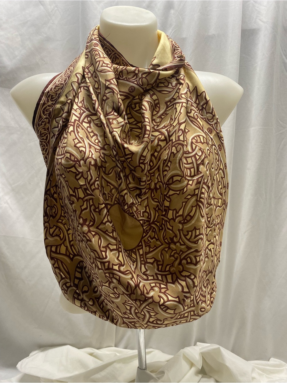 * Anne Klein Gold and Brown Silk Scarf 29”X29”